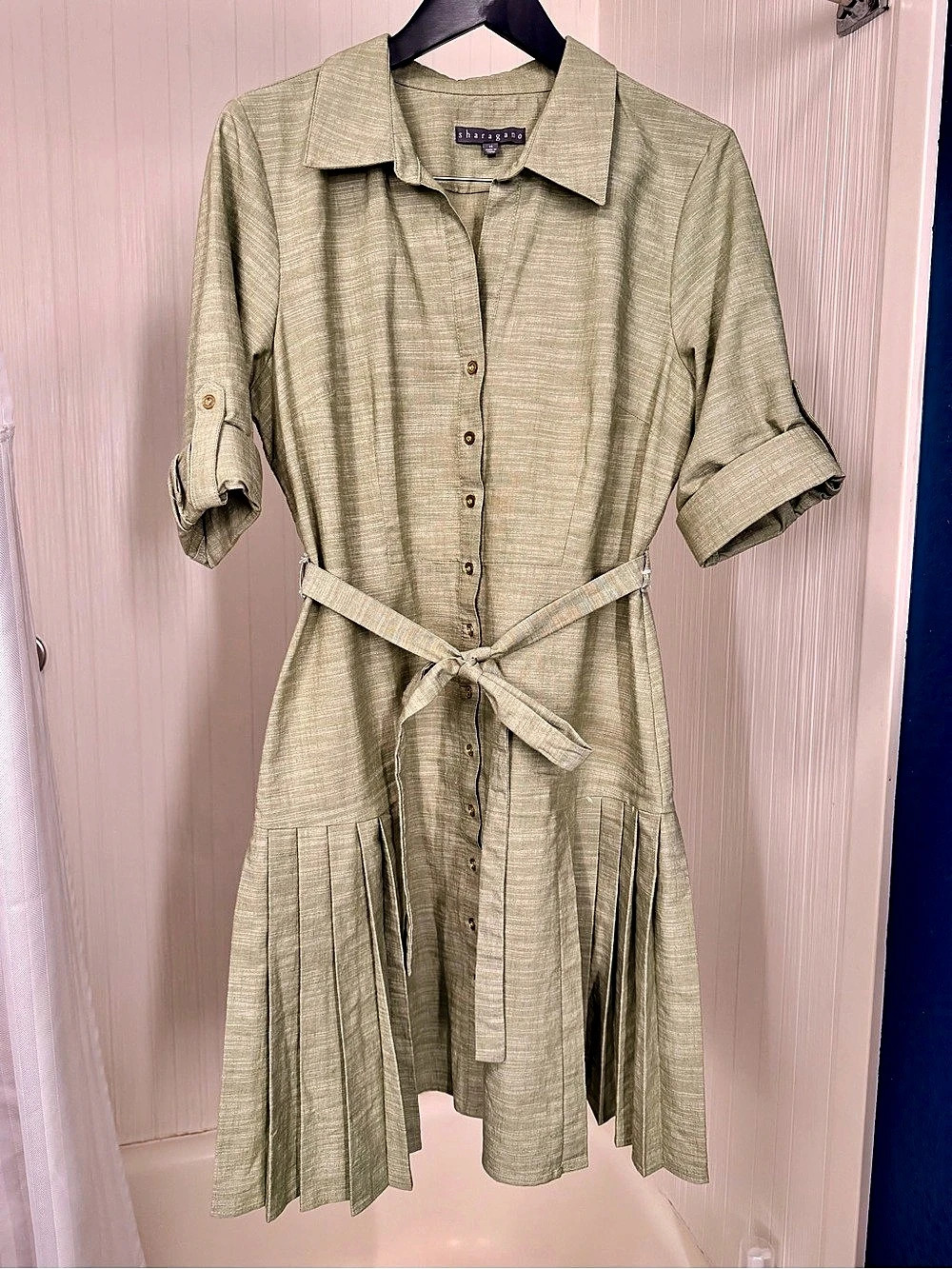 Sharagano Pleated Shirt Dress Green Size 14 EUC